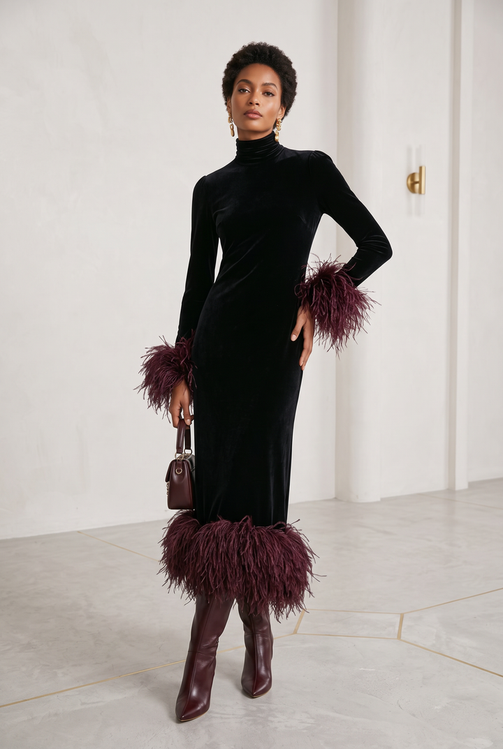 Women's Velvet Feather-Trim Turtleneck Midi Dress
