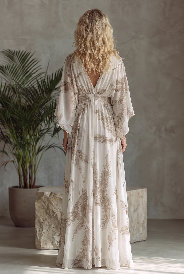 Women's Feather Print Maxi Dress with Flutter Sleeves