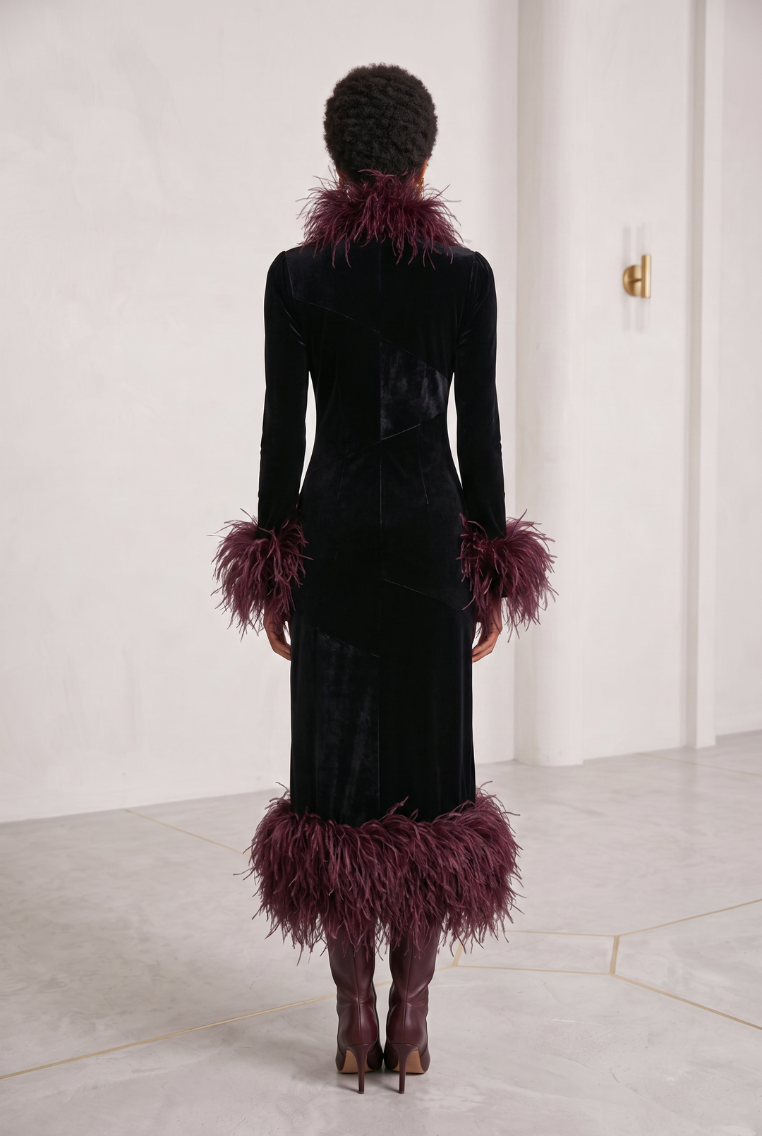 Women's Velvet Feather-Trim Turtleneck Midi Dress