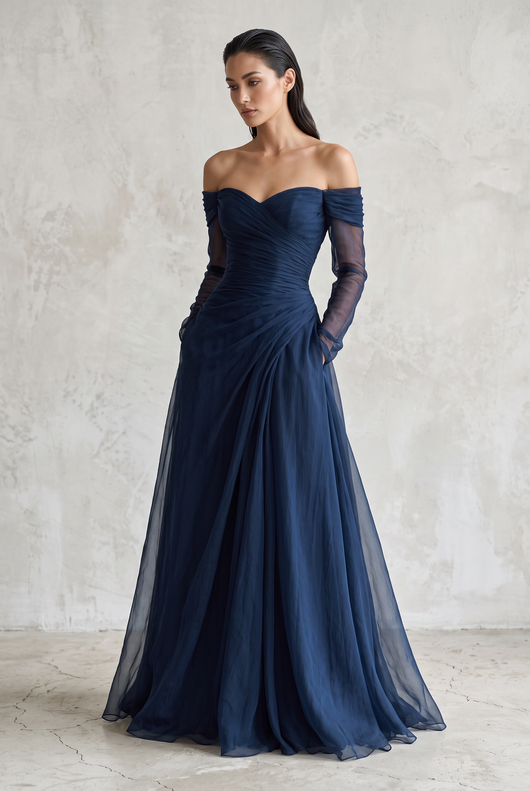 Women's Off-Shoulder Sheer-Sleeve Evening Gown