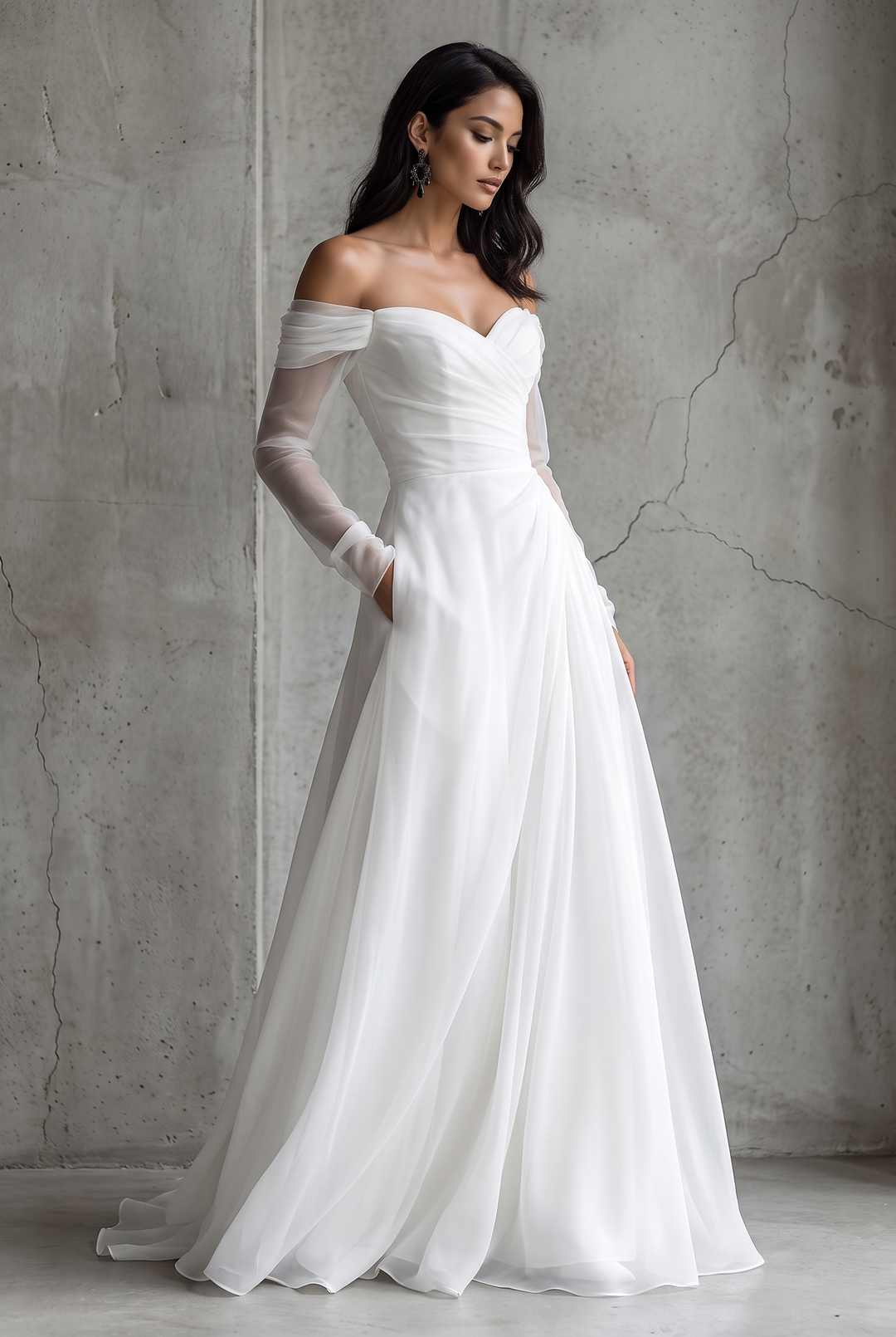 Women's Off-Shoulder Sheer-Sleeve Evening Gown