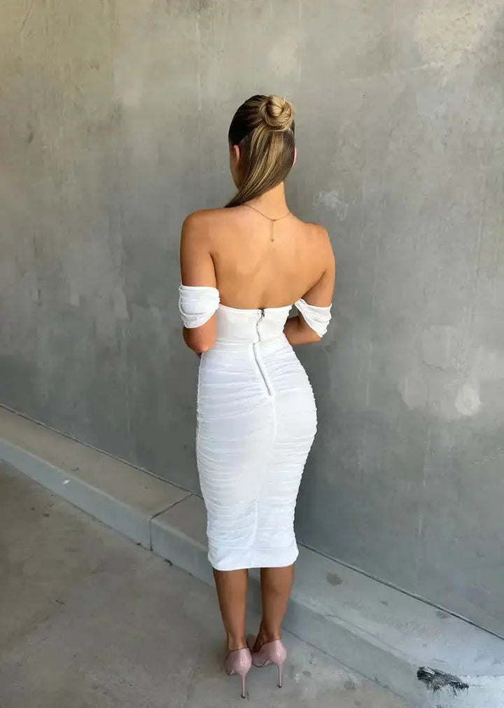 Women's Ruched Off-Shoulder Bodycon Midi Dress