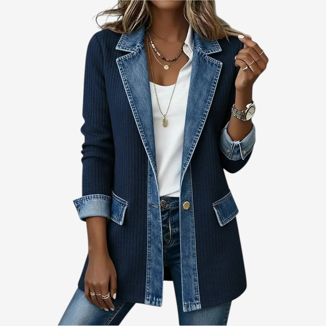 Women's Denim Ribbed Knit Jacket with Layered Collar