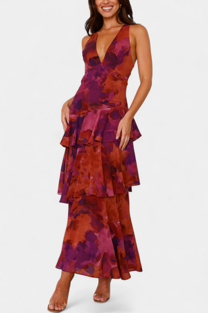 Rosalie | Floral V Neck Ruffle Layered Midi Dress