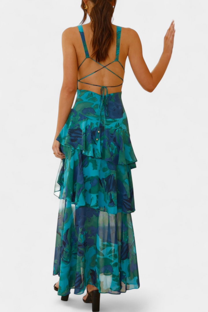 Rosalie | Floral V Neck Ruffle Layered Midi Dress