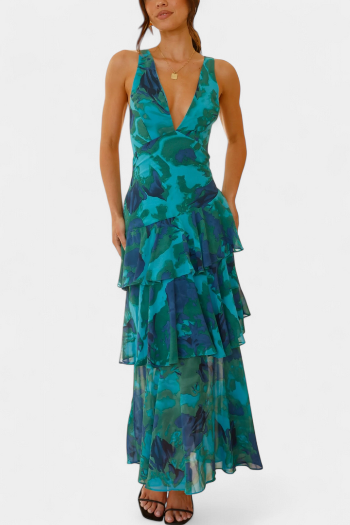 Rosalie | Floral V Neck Ruffle Layered Midi Dress
