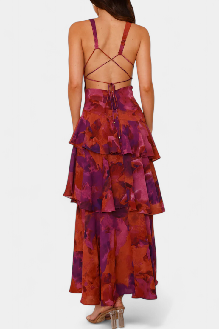 Rosalie | Floral V Neck Ruffle Layered Midi Dress
