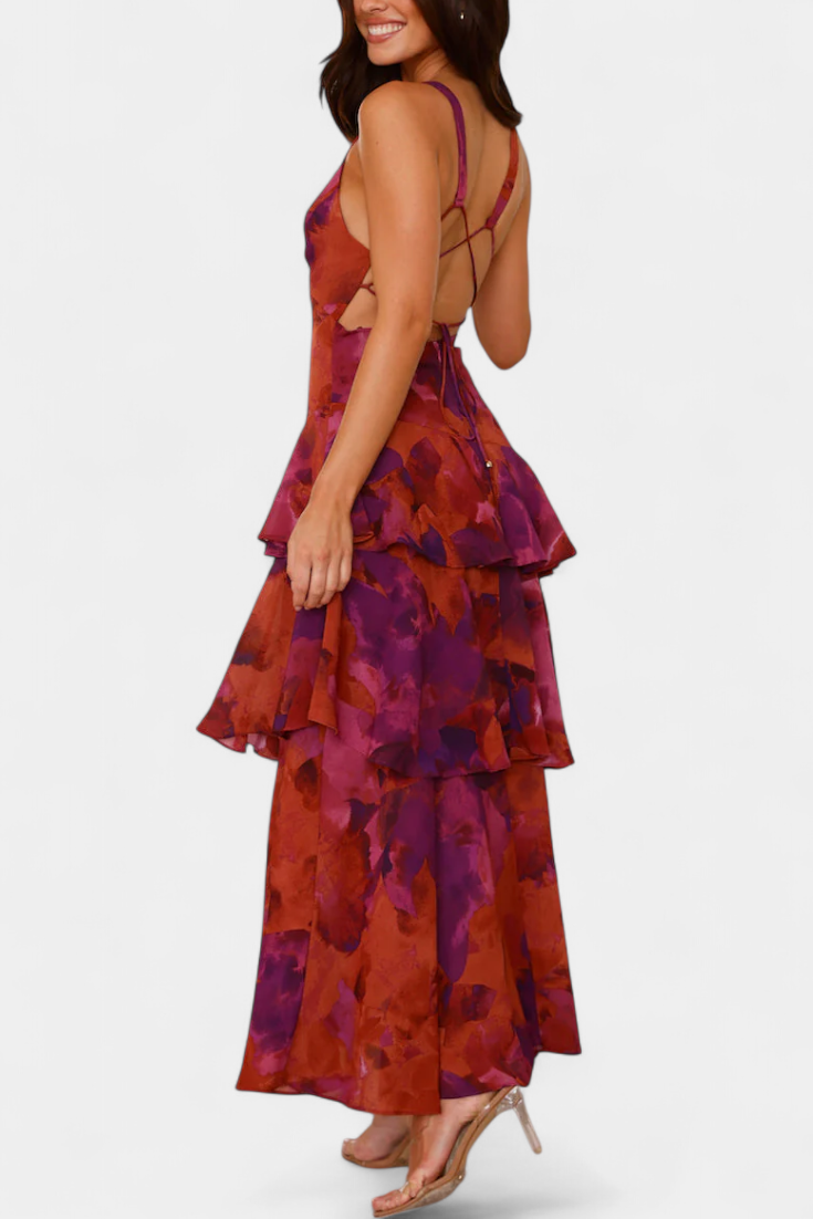 Rosalie | Floral V Neck Ruffle Layered Midi Dress