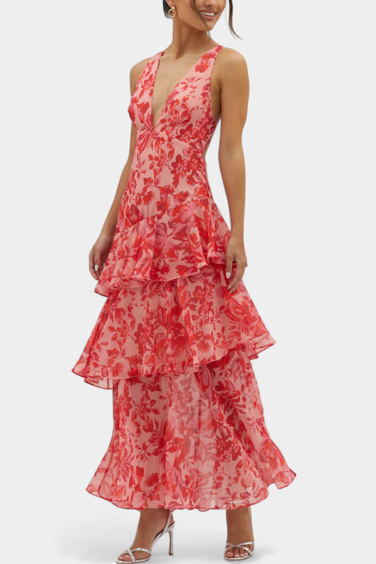 Rosalie | Floral V Neck Ruffle Layered Midi Dress