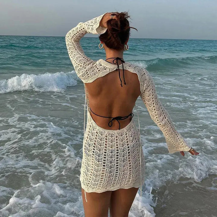 Selena | Crochet Backless Long Sleeve Mini Dress
