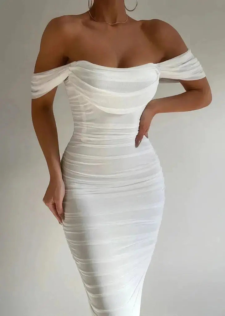 Women's Ruched Off-Shoulder Bodycon Midi Dress