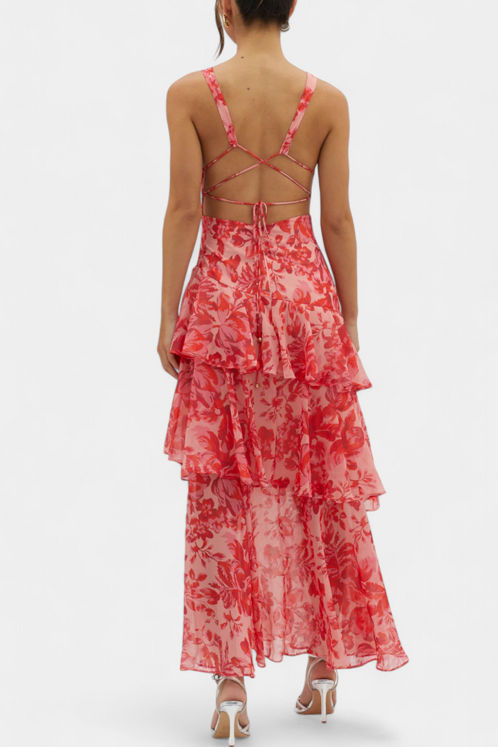 Rosalie | Floral V Neck Ruffle Layered Midi Dress