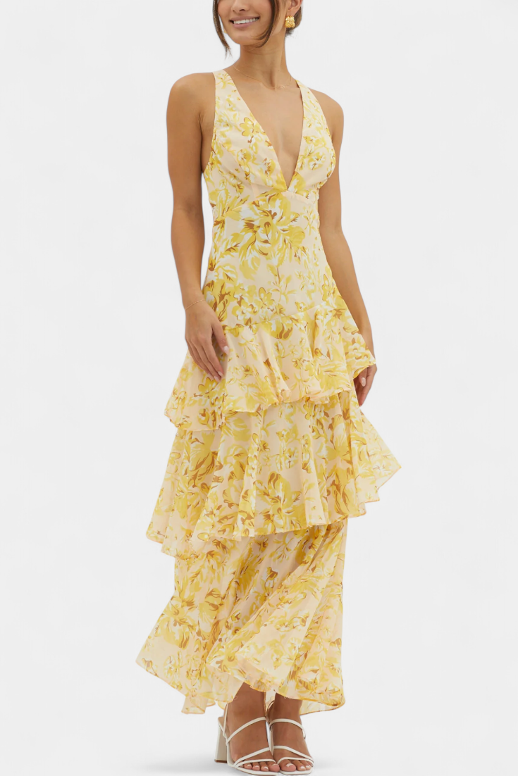 Rosalie | Floral V Neck Ruffle Layered Midi Dress