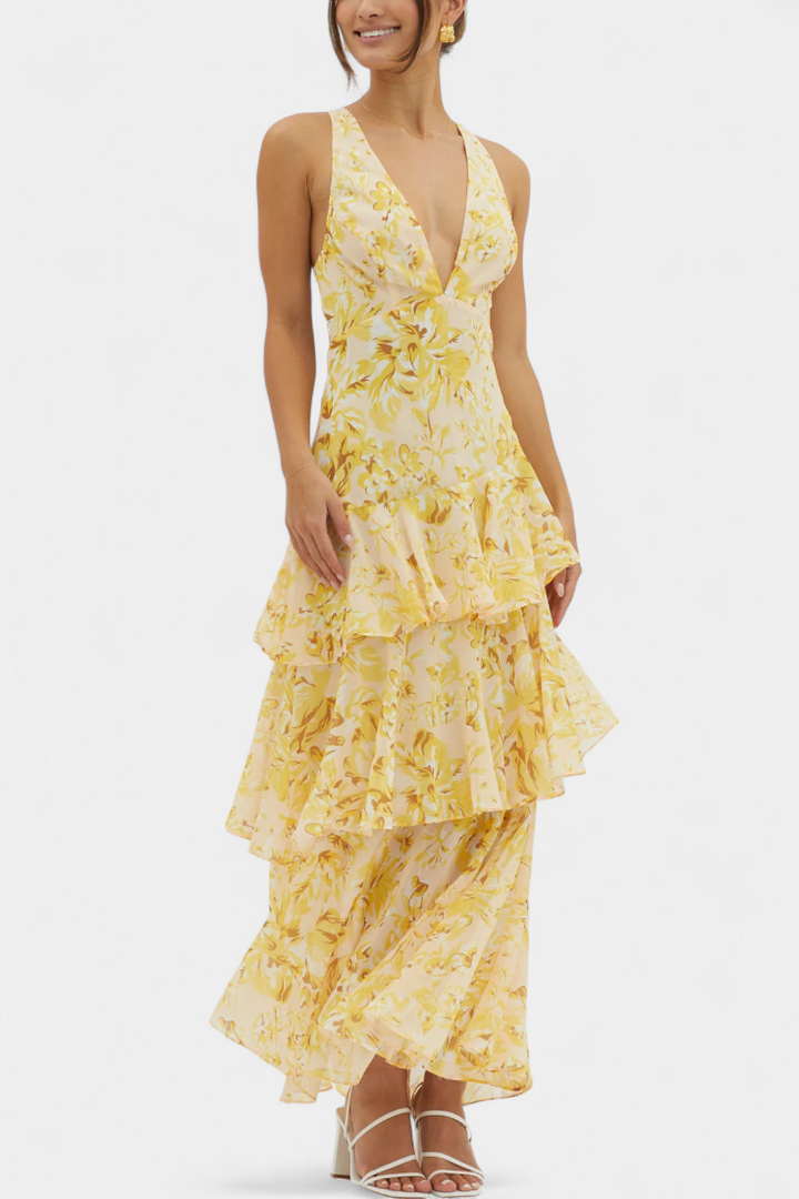 Rosalie | Floral V Neck Ruffle Layered Midi Dress