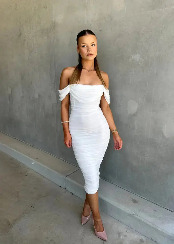 Women's Ruched Off-Shoulder Bodycon Midi Dress