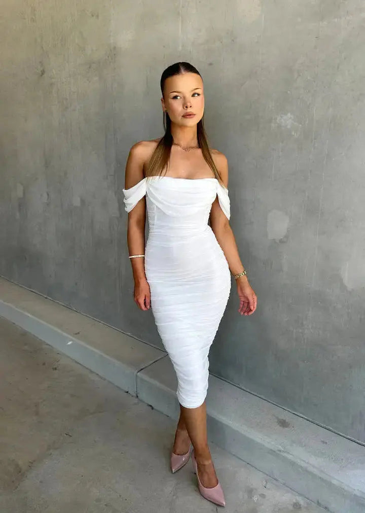 Women's Ruched Off-Shoulder Bodycon Midi Dress