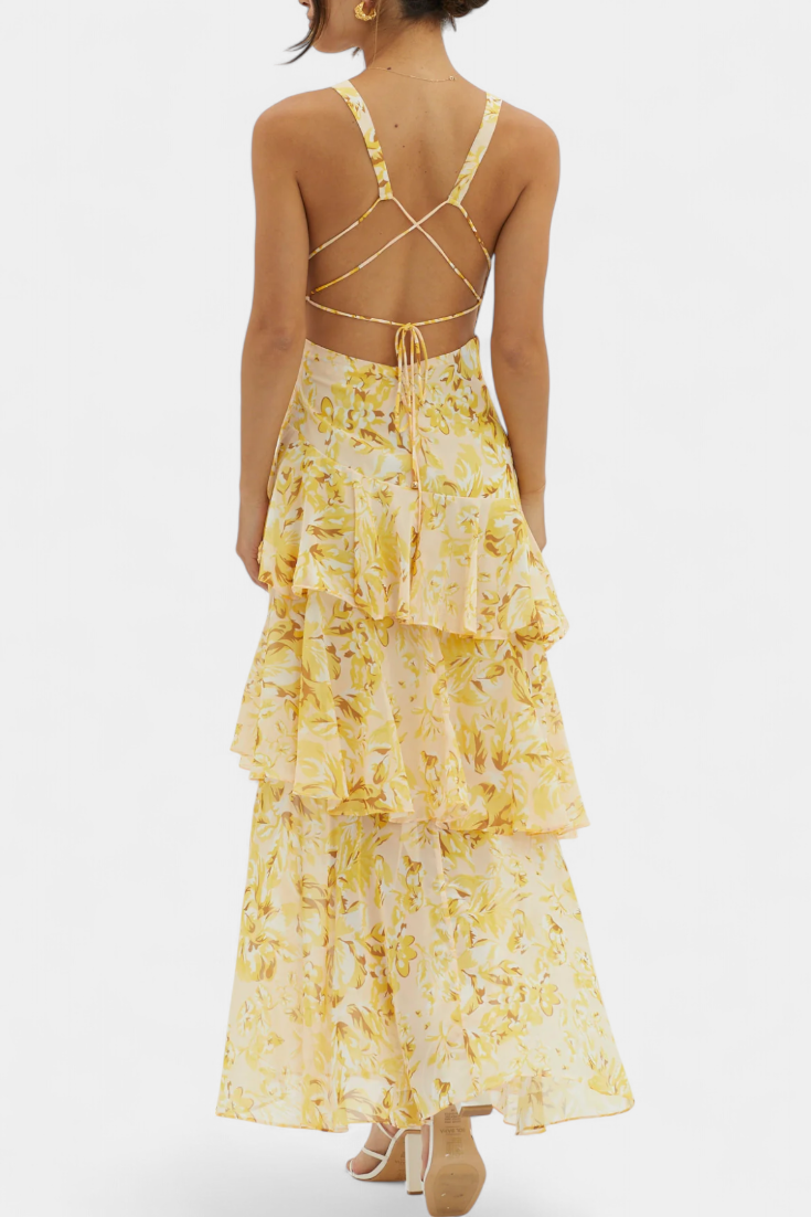Rosalie | Floral V Neck Ruffle Layered Midi Dress