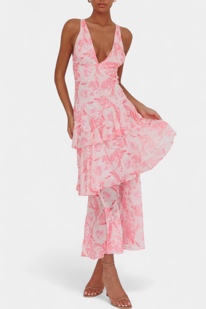 Rosalie | Floral V Neck Ruffle Layered Midi Dress