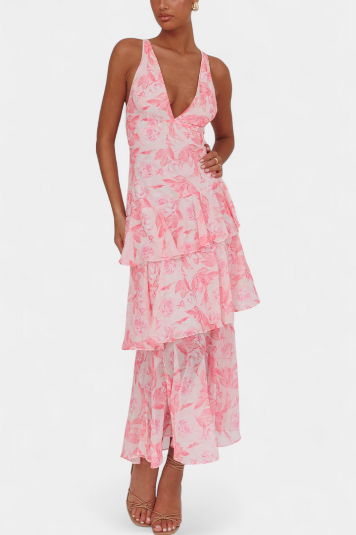 Rosalie | Floral V Neck Ruffle Layered Midi Dress