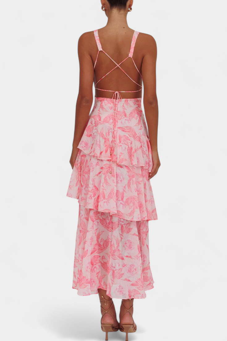Rosalie | Floral V Neck Ruffle Layered Midi Dress