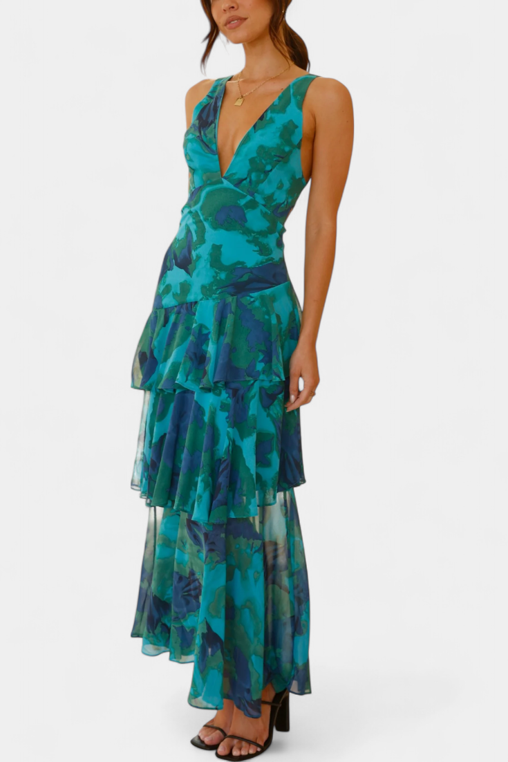 Rosalie | Floral V Neck Ruffle Layered Midi Dress