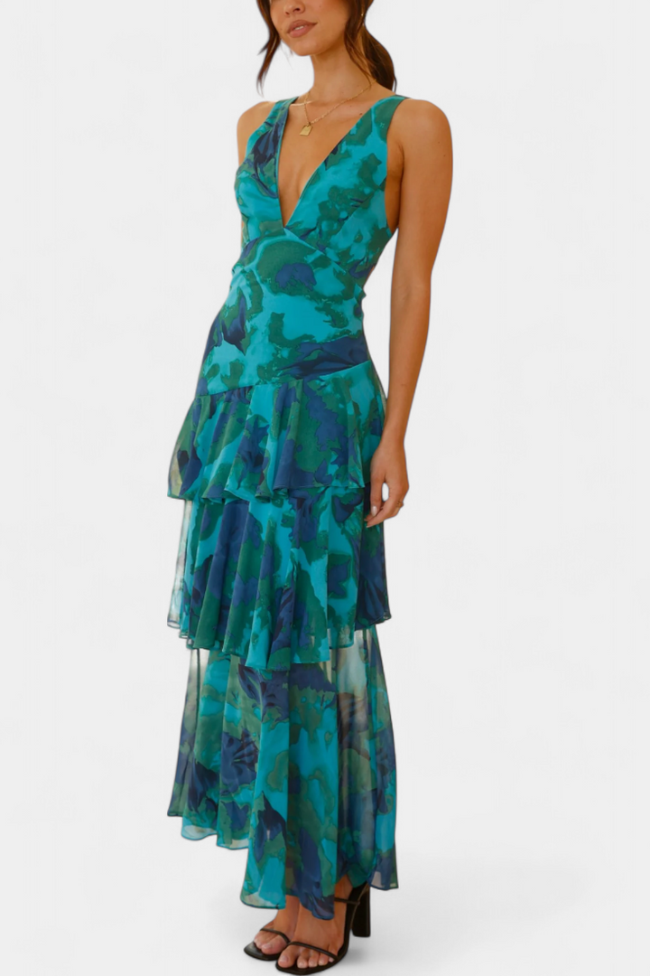 Rosalie | Floral V Neck Ruffle Layered Midi Dress