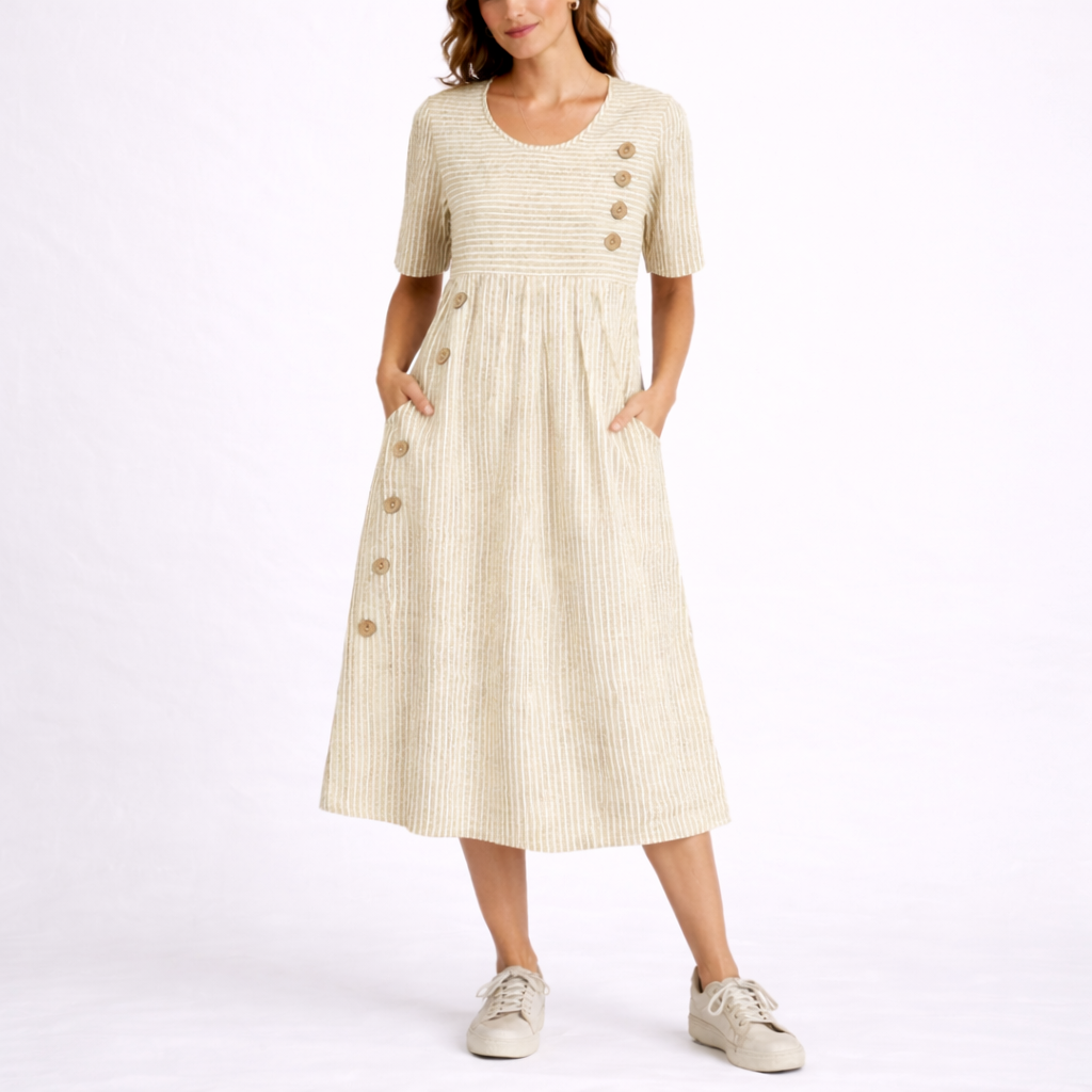 Women's Striped Midi Dress with Button Detail