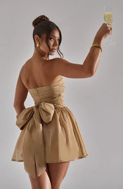 Women's Glitter Mini Party Dress with Ruched Bodice