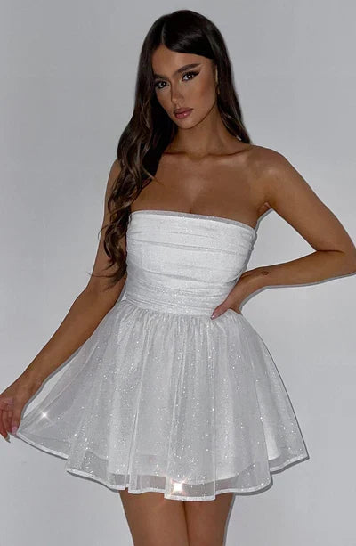 Women's Glitter Mini Party Dress with Ruched Bodice