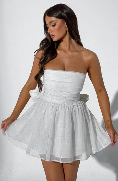 Women's Glitter Mini Party Dress with Ruched Bodice