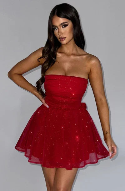 Women's Glitter Mini Party Dress with Ruched Bodice
