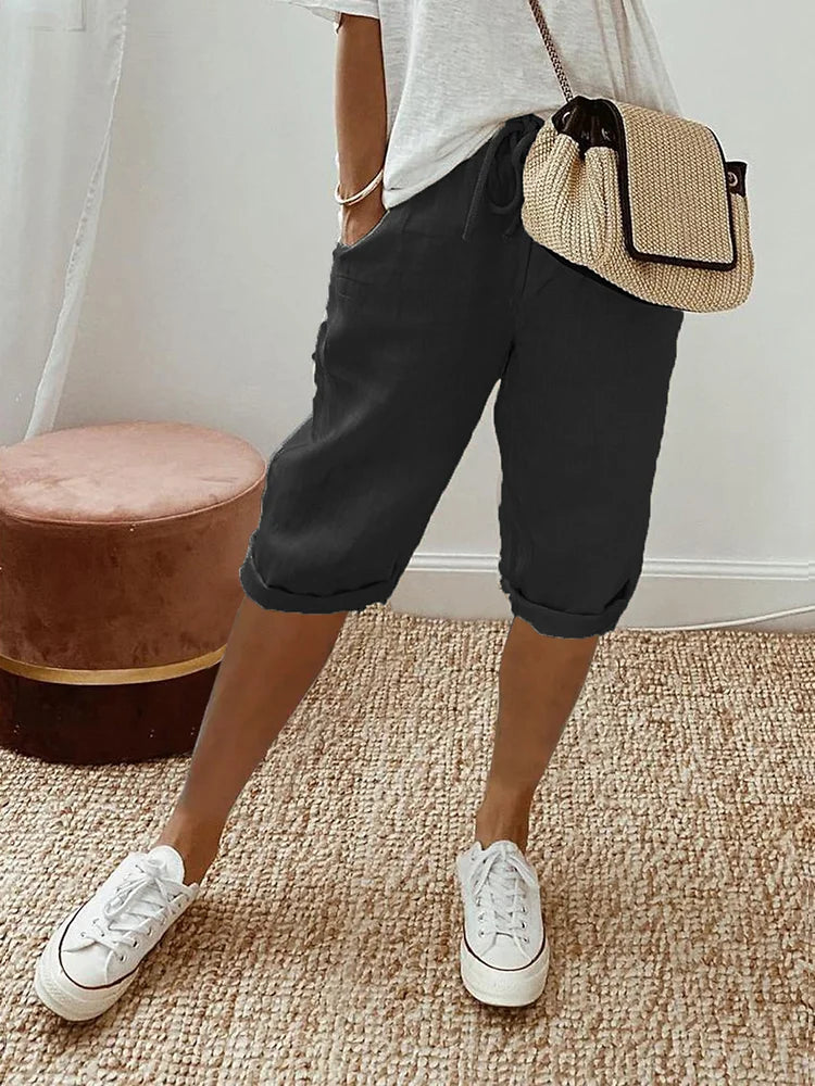 Women's Linen Cuffed Knee-Length Shorts