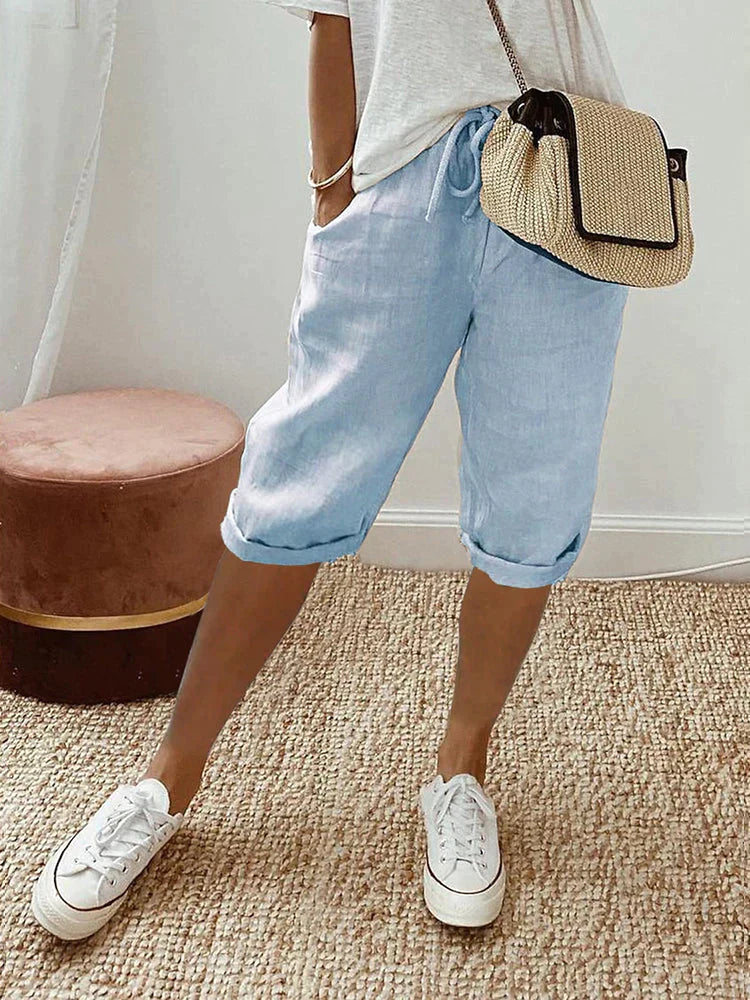 Women's Linen Cuffed Knee-Length Shorts
