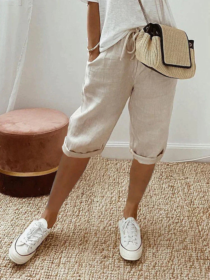 Women's Linen Cuffed Knee-Length Shorts