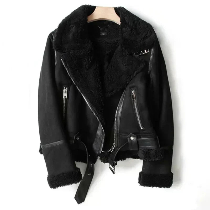 Women's Sherpa-Lined Leather Biker Jacket in Cropped Fit