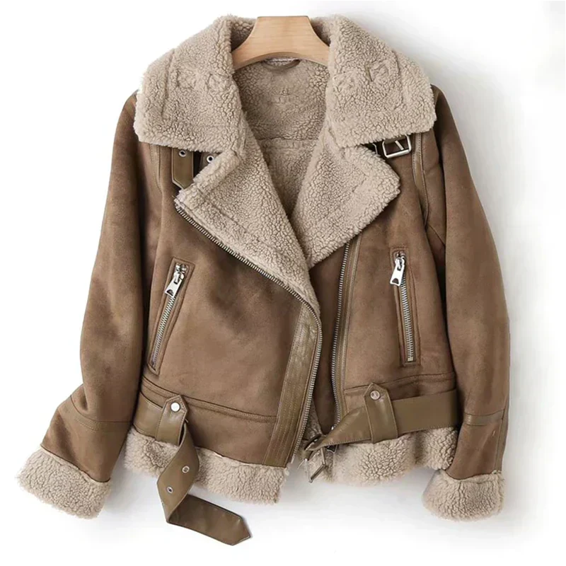 Women's Sherpa-Lined Leather Biker Jacket in Cropped Fit