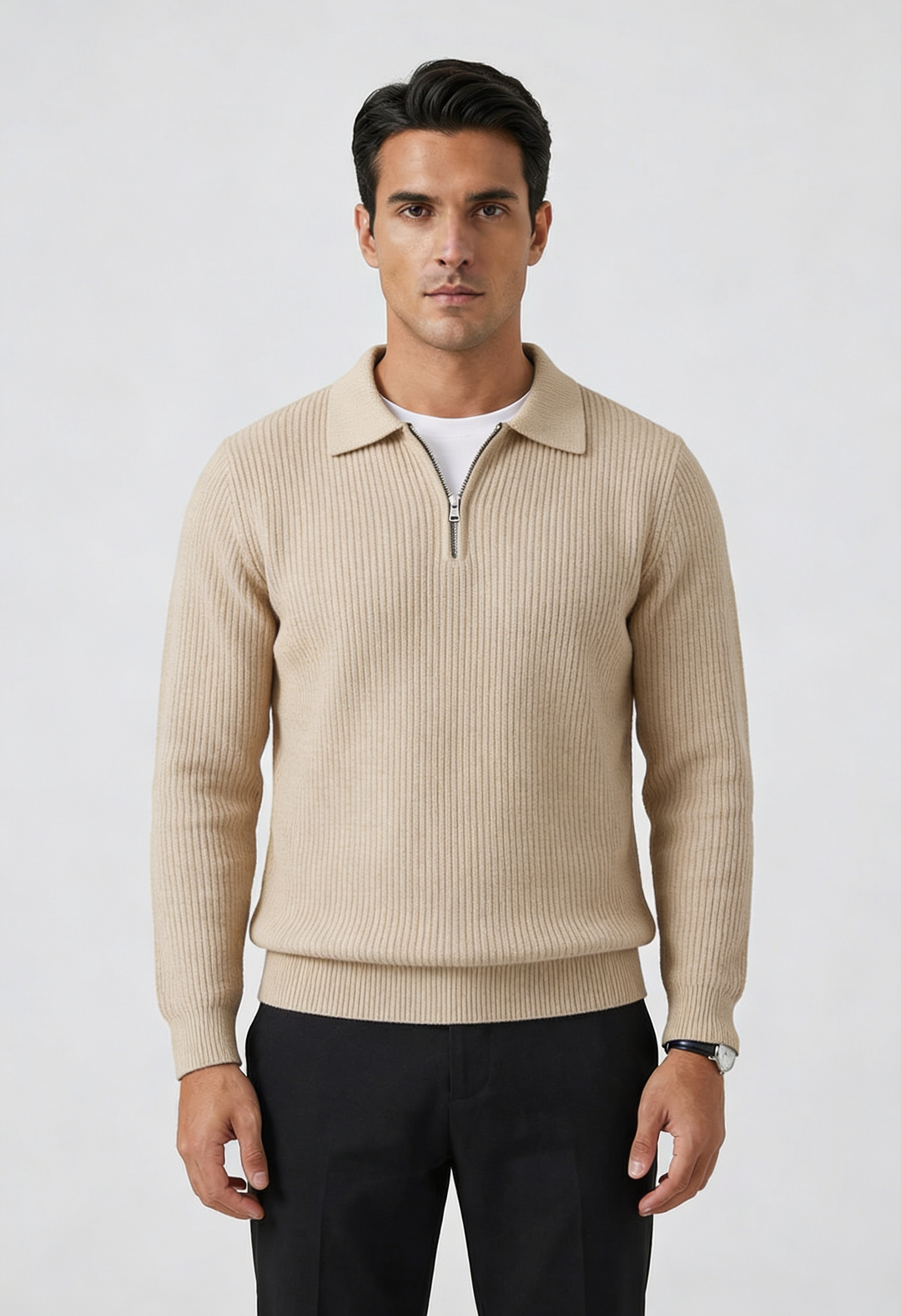 Men's Waffle Knit Quarter Zip Sweater Fitted Silhouette