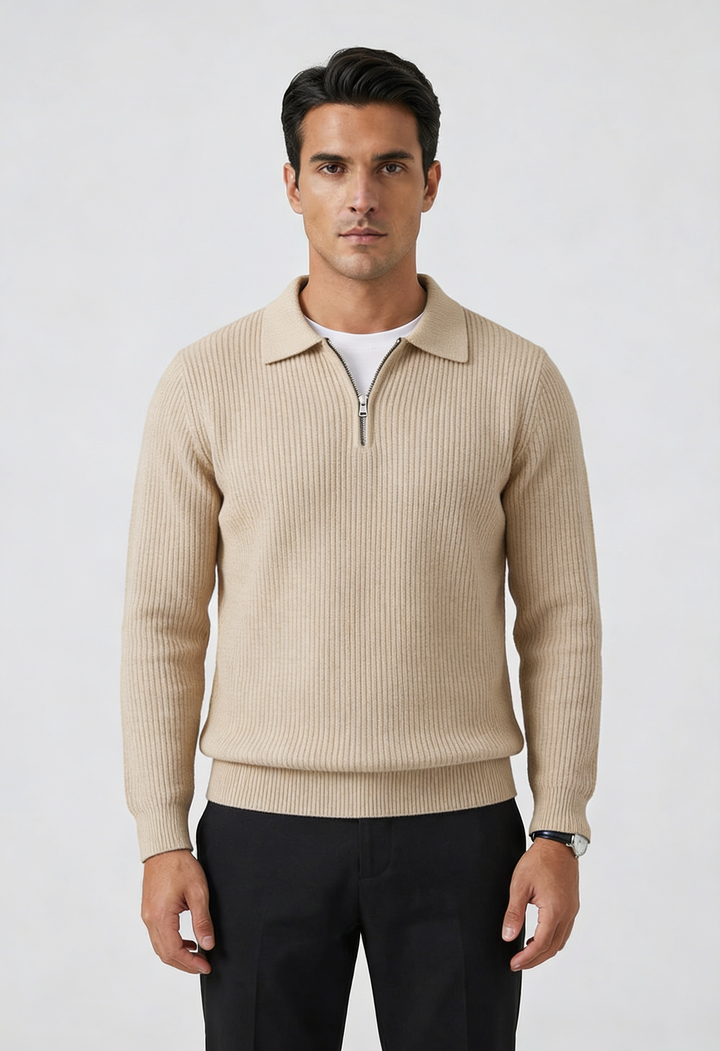 Men's Waffle Knit Quarter Zip Sweater Fitted Silhouette
