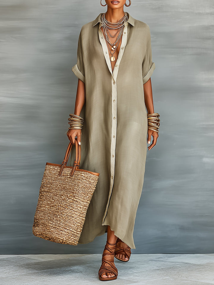 Women's Linen Collared Shirt Maxi Dress