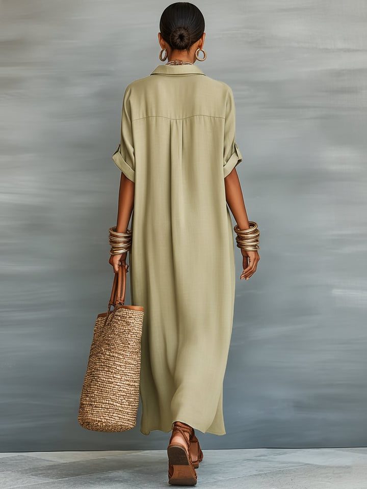 Women's Linen Collared Shirt Maxi Dress