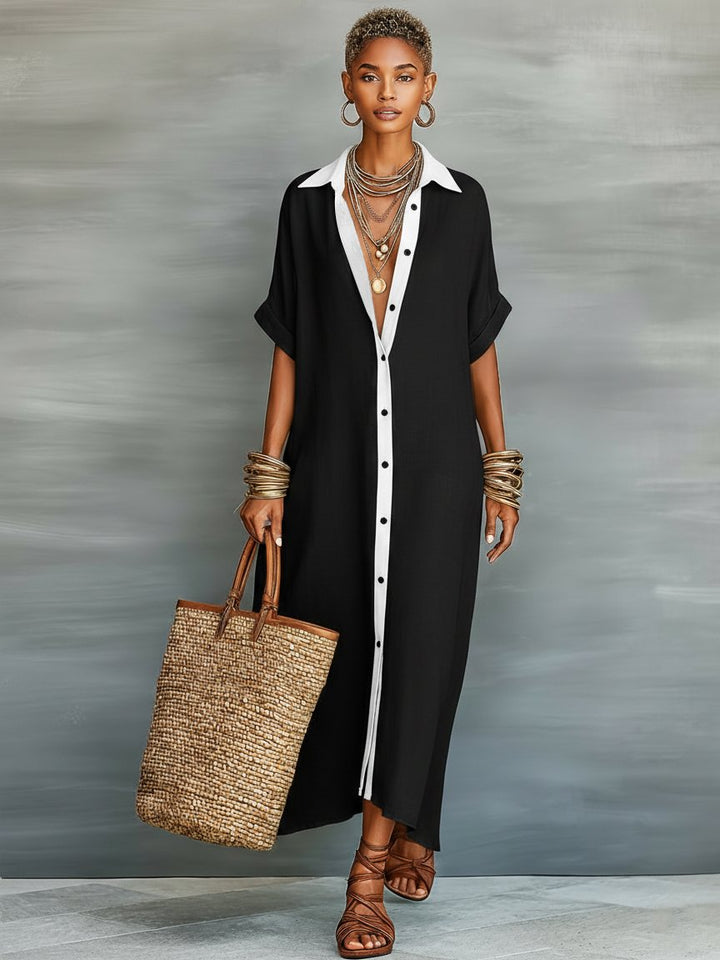 Women's Linen Collared Shirt Maxi Dress