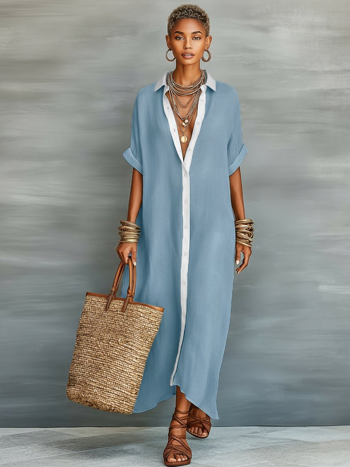 Women's Linen Collared Shirt Maxi Dress