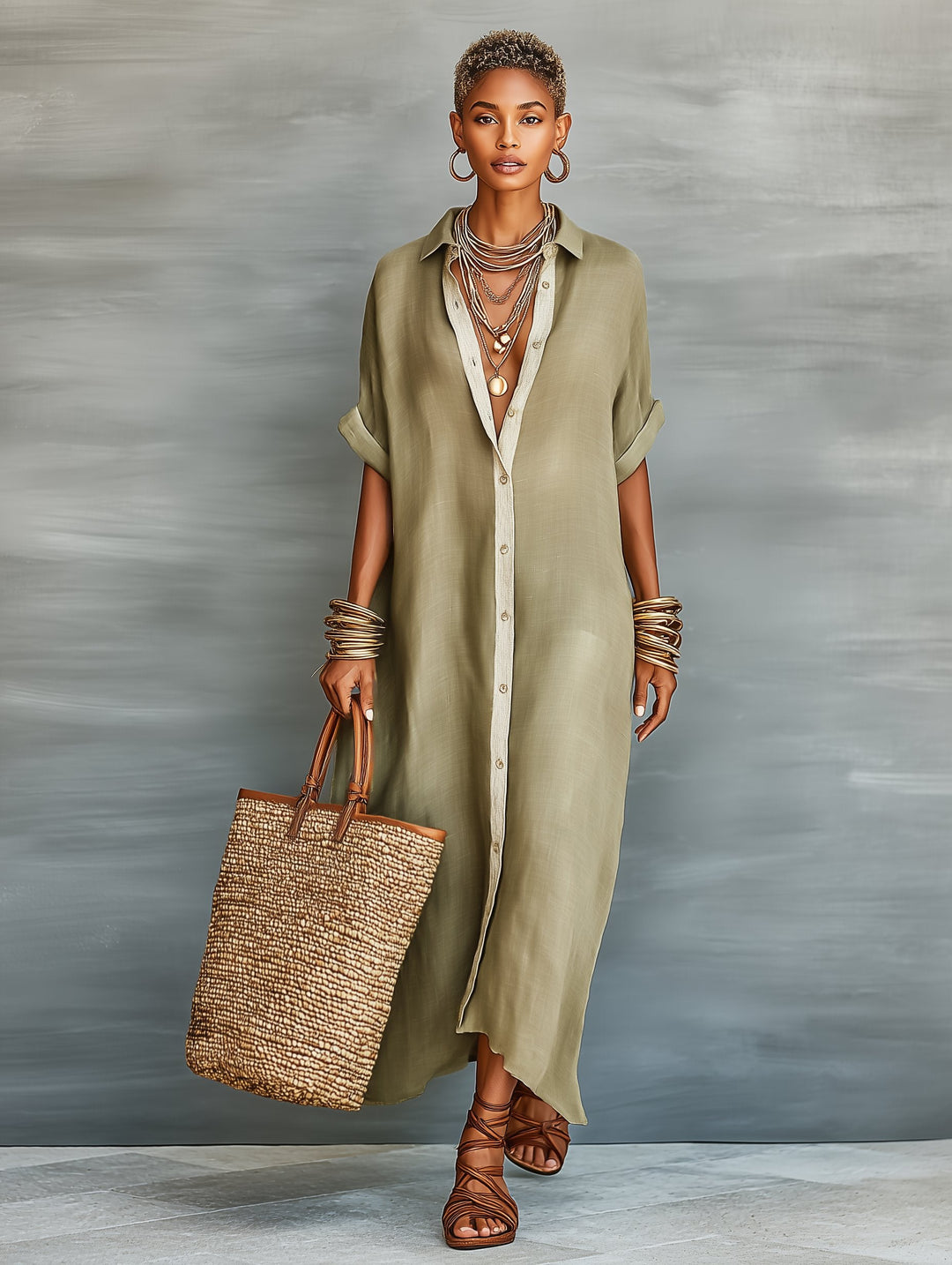 Women's Linen Collared Shirt Maxi Dress