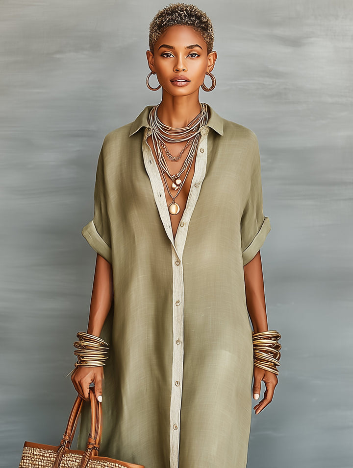 Women's Linen Collared Shirt Maxi Dress