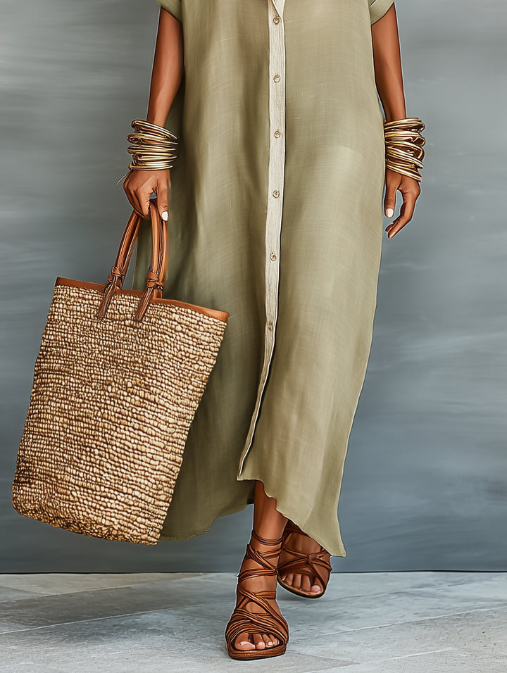 Women's Linen Collared Shirt Maxi Dress