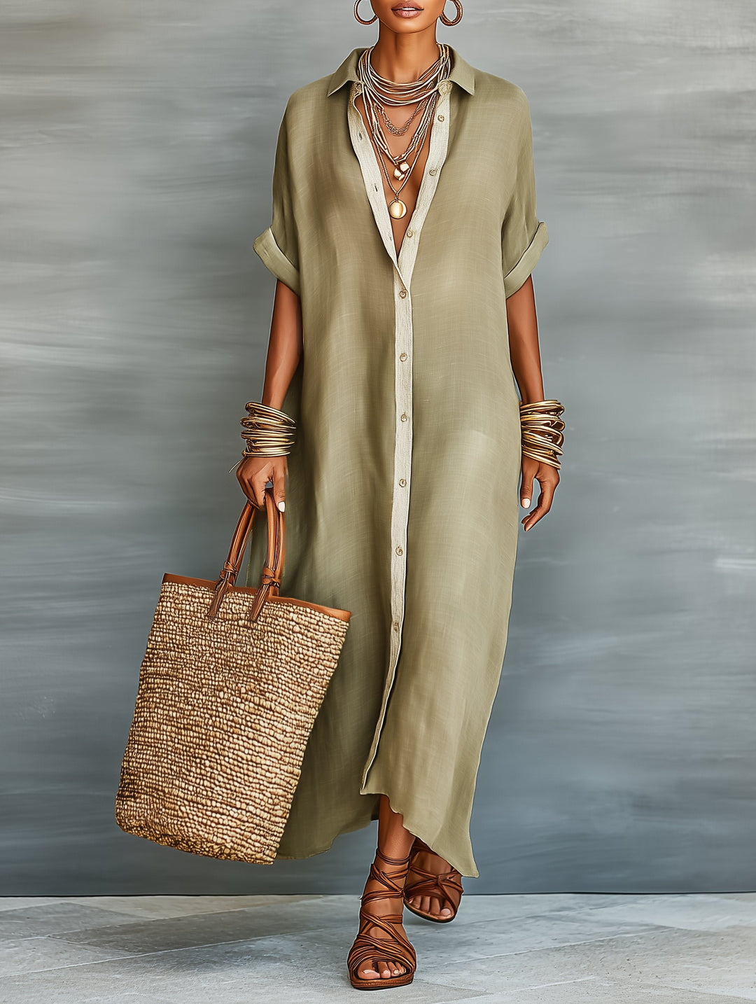 Women's Linen Collared Shirt Maxi Dress