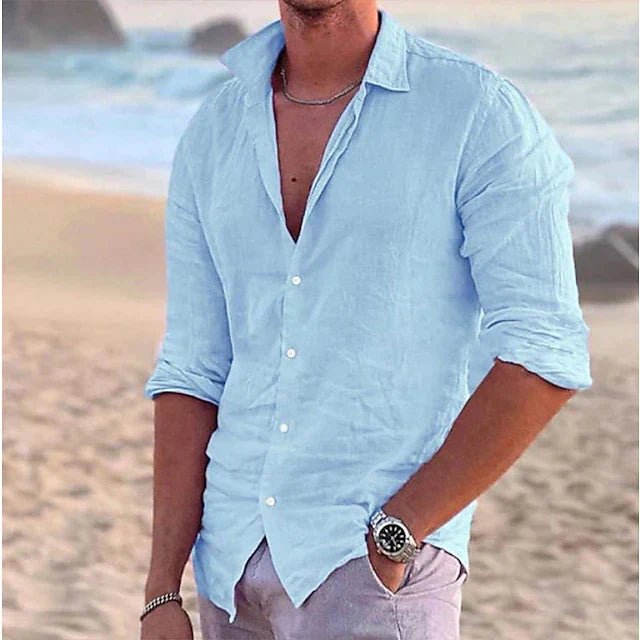 Men's Linen Button-Up Shirt with Point Collar