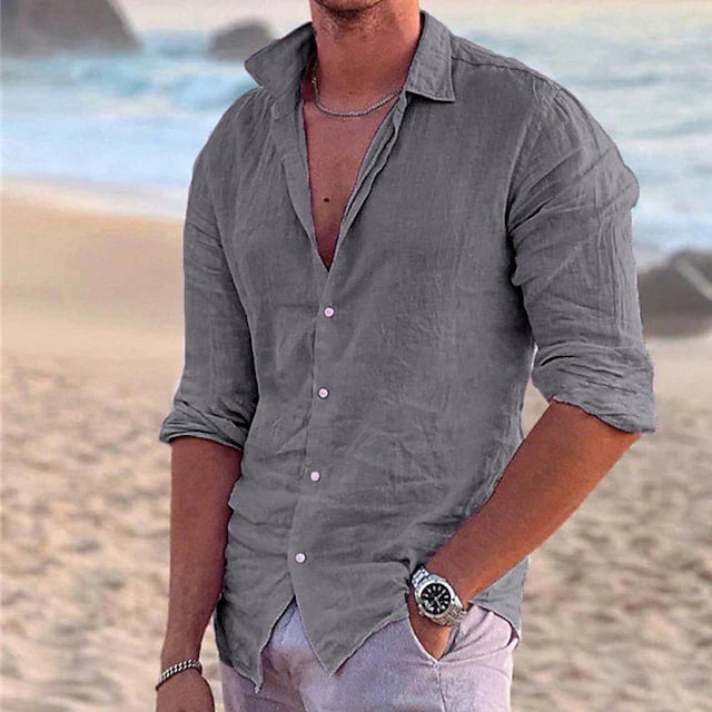 Men's Linen Button-Up Shirt with Point Collar