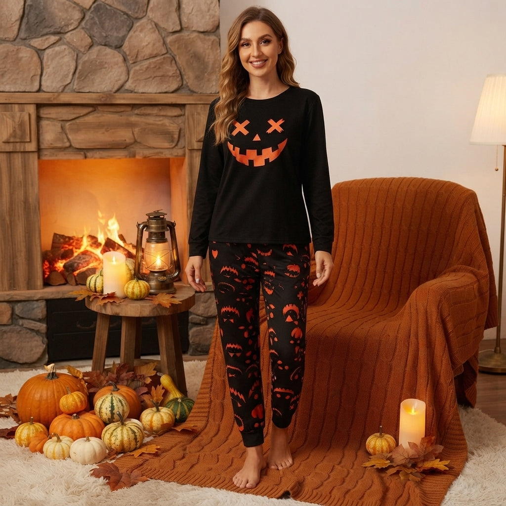 Women's Halloween Pumpkin Face Print Pyjama Set