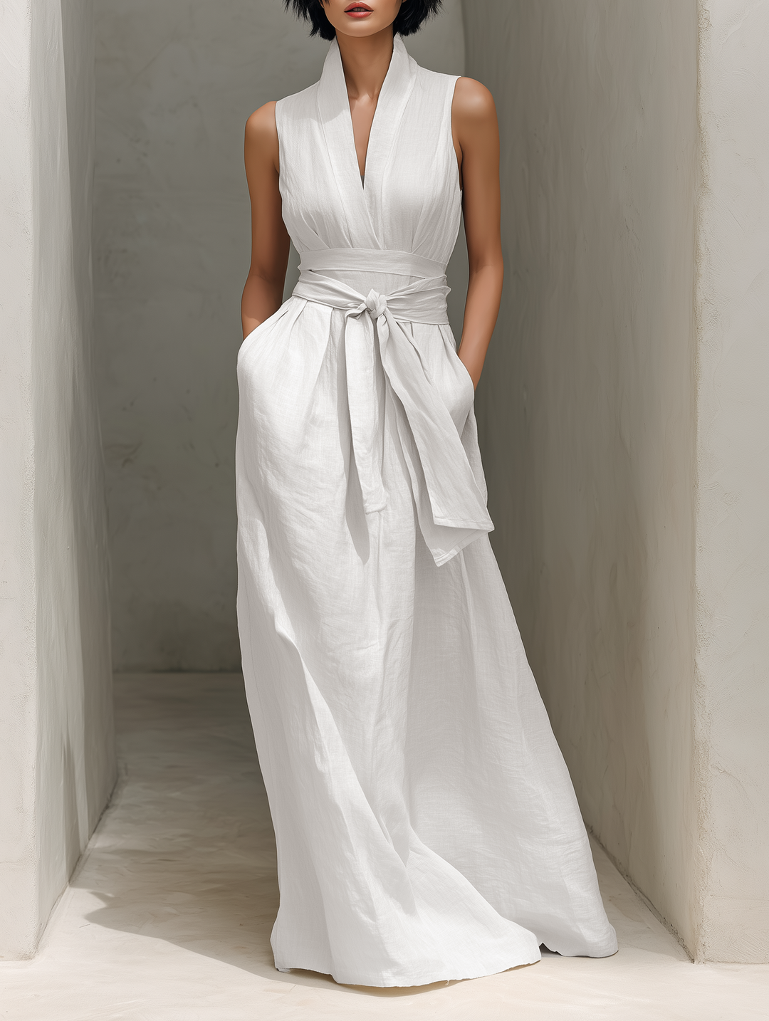 Women's Linen Tie-Waist Maxi Dress